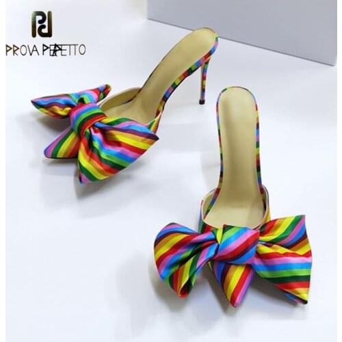 Sexy rainbow color big bow Mueller half slippers summer pointed toe stiletto high heel sandals and slippers women