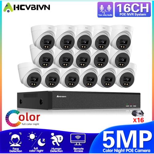 AHCVBIVN 16CH Ultra HD PoE Network Video Security System H.265+ Surveillance NVR 5MP HD IP67 Full Color Night Vision POE Cameras