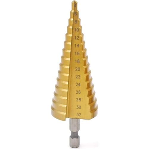 Toofit 1pc HSS Steel Titanium Step Drill Bits Step Cone Cutting Tools Steel Woodworking Wood Metal Drilling 3-12 4-12/20/32mm