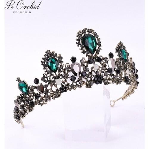 PEORCHID Green Rhinestone Crown 2019 Baroque Bride Crown Tiara Quinceanera Hair Braid Accessories Crystal Wedding Head Jewelry