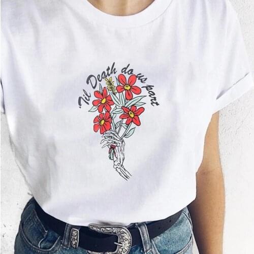 Skull Hand With Flower Women T Shirt Harajuku Aesthetic Cotton Short Sleeve O-neck Graphic Funny Tee For Ladies Summer Y2k Tops
