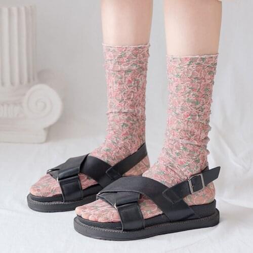 Lace Mesh Women Socks Japanese Fashion Harajuku Sweet Small Floral Print Middle Tube Thin Clause Breathable Cool High-Quality