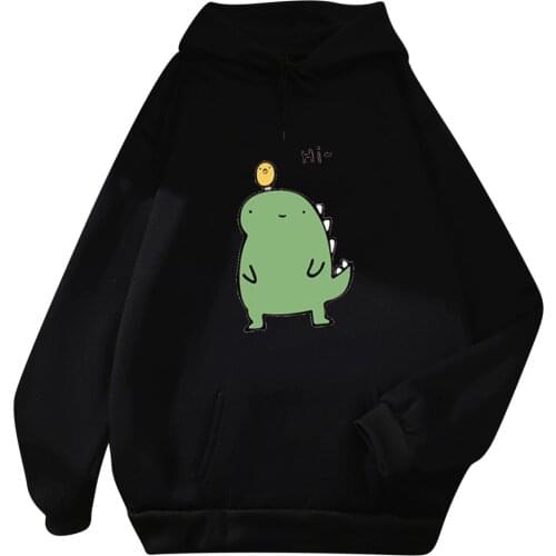 Women Cute Dinosaur Printed Hoodies Autumn Oversized Warm Long Sleeve Hooded Sweatshirt Korean Casual Crew Neck Pullover Свитшот