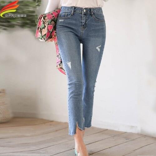 New 2021 Flare Jeans For Women Hole Blue Streetwear Elegant Comfortable Pockets Ankle-Length Pants Denim Trousers Jean Femme