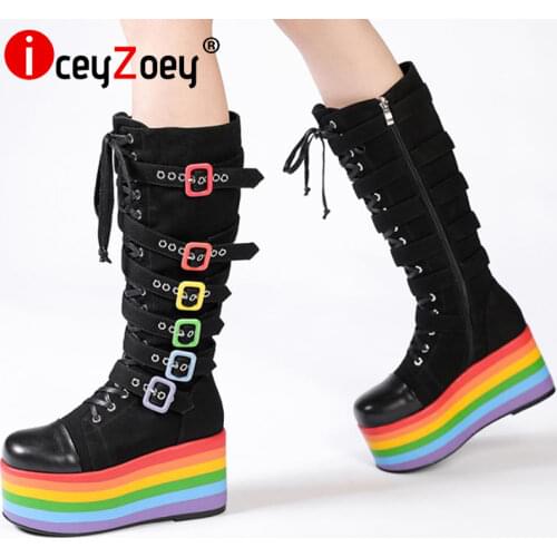 Coolcept 2022 Genuine Leather Knee High Boots Shoes Thick Bottom Platform Mixed Color Buckle Metal Ladies Footwear Size 35-43