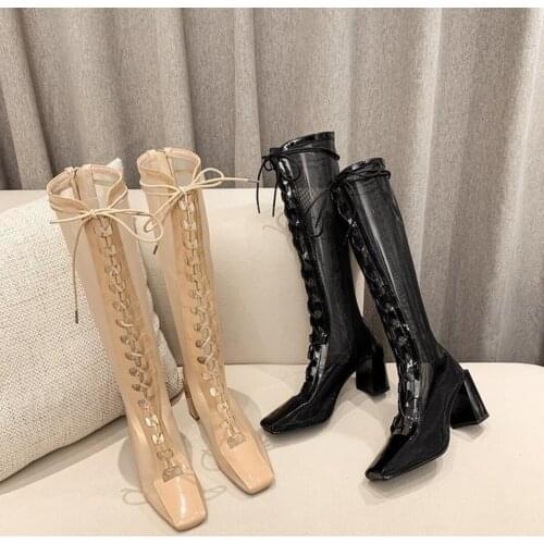 High-Heeled Fashion Cool Boots Spring/Summer New Breathable Women Shoes Ladies Lace-Up Square Toe Thick Heel Knee-High Mesh Boot