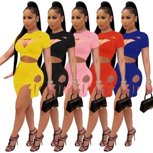 Sexy Hollow out 2 Pieces Skirts Sets Women Crop Top and Lace Up Short Skirts Summer Clothing 2021 Outfit Night Party Clubwear