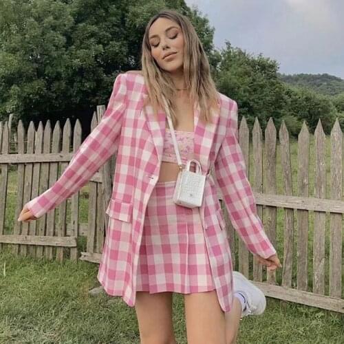 Foridol Plaid Vintage Pink Skirt Blazer Set Suits Autumn Winter Streetwear Checkered Blazer Jacket Office Ladies Blazer 2021