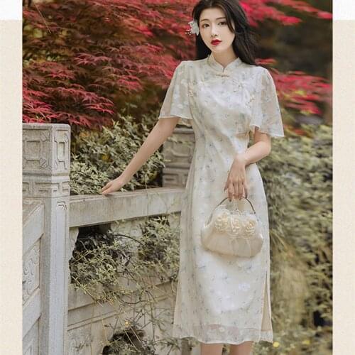 Women Chinese Style Girl Cheongsam Floral Dress Summer Chiffon Chic Lotus Leaf Sleeve Elegant Retro Vestidos