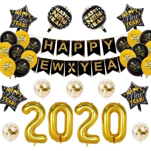 32pcs/set 2020 New Year Balloon Set Happy New Year Flag Latex Balloon Happy New Year Decoration Eve Party Balloons