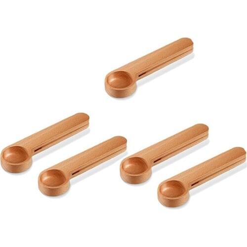 5 Pcs Wooden Coffee Scoop and Bag Clip Measure Spoon 2-In-1 Bags Sealer Measuring Spoon for Beans,Espresso Coffee,Tea