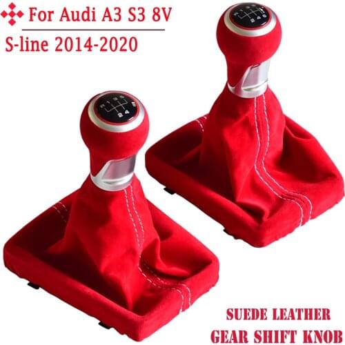 Automatic Gear Shift Knob Lever Complete For Audi A3 S3 8V S-line 2014-2020 5/6 Speed Stick Lever Shifter Red Suede Leather