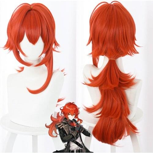 Genshin Impact Diluc Cosplay 60cm Long Red Wig Cosplay Anime Wigs Heat Resistant Synthetic Wigs Halloween Cosplay Hair
