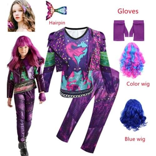 Girl Halloween Costumes Kids Party Evie Descendants 3 Purple Audrey Costumes Set Cosplay Costumes Tees Jacket Wig Pants Hairpin