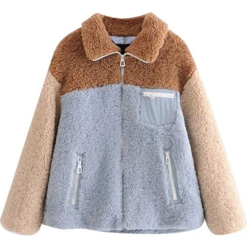 PUWD Casual Woman Loose Thick Lambswool Patchwork Jackets Autumn Winter Girls Sweet Warm Oversized Outerwear Ladies Fashion Coat