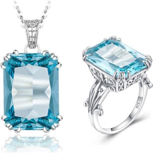 Szjinao Genuine 925 Silver Jewelry Set For Women Sparkling Blue Aquamarine Pendant Ring Set Delicate Luxury Party Fine Jewelry