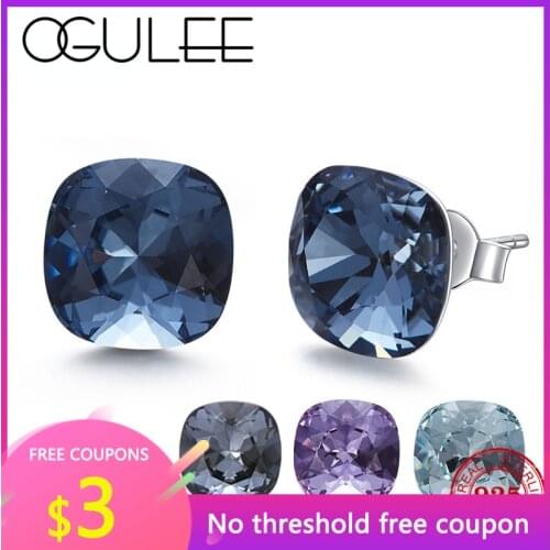 OGULEE Brand Jewelry 925 Sterling Silver Earrings Square Air Blue Opal Crystal Earrings From Women Fine Stud Earrings