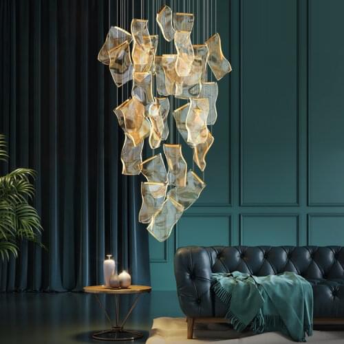 Modern Lustre Gold Metal Led Chandeliers Lighting Living Room Acrylic Leaf Led Pendant Chandelier Lights Lobby Led Hanging Lamp