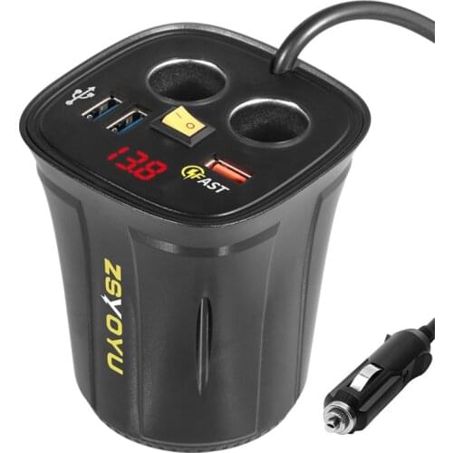 SUV Car Cup 2 Socket Splitter 3 QC3.0 USB Charger with Voltmeter On/Off Switch Dropshipping