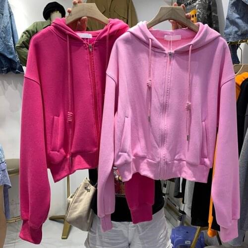 Zip Up Hoodie Drawstring Simple Design Loose Hoodies Women Long Sleeve Pocket Solid Color Cropped Casual Korean Fashion Spring