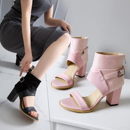 YMECHIC Fashion Summer Womens Boots Open Toe Buckle Block High Heels Pink Black Daily Summer Sandal Ankle Boots Shoes Plus Size