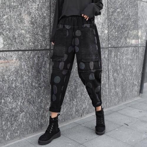 Autumn Winter New Arts Style Women Elastic Waist Vintage Print Loose Jeans Double Pocket Cotton Denim Harem Pants Plus Size V62