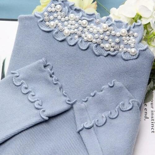 New Spring Autumn Pullover 2021 Women Knitted Sweater Casual Female Coat Ruffle Half high neck bottoming sweater Beading Tops