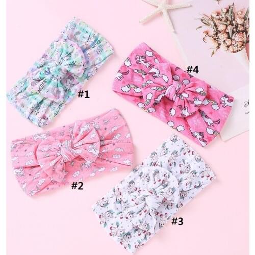 12 pcs/lot, Magic Unicorn print Knot Bow wide Nylon Headbands, Baby girls turban headwraps hair accessories
