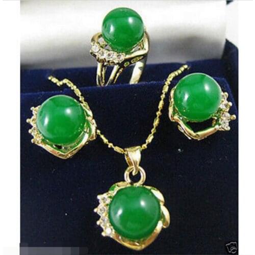 Free Shipping 10mm green ring pendant earring set ^^^@^ style Fine jewe Noble Natural jade