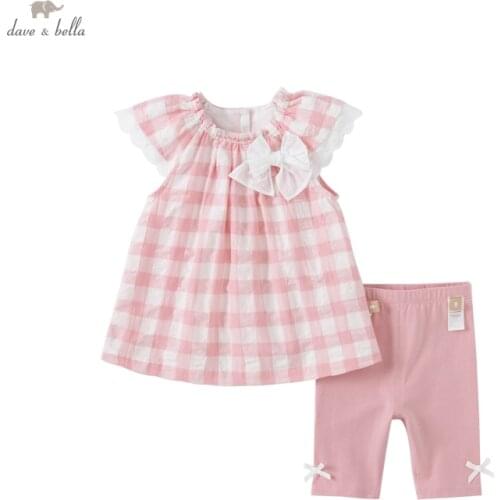 DBS17206 dave bella summer baby girls cute bow plaid print clothing sets kids fashion short sleeve sets children 2 pcs suit