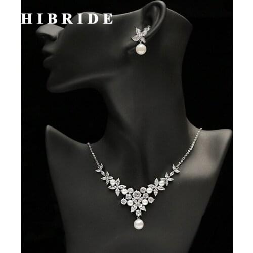 HIBRIDE Elegant Flower Shape AAA Cubic Zirconia Necklace Earrings Nigerian Beads Necklace Jewelry Sets For Women N-231
