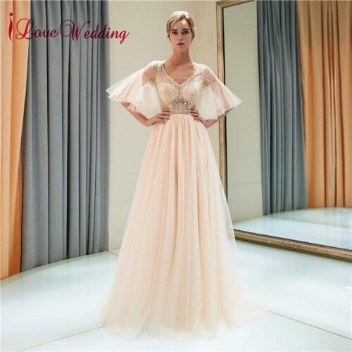 ILoveWedding Hot Sale V Neck Crystal Beaded Tulle Custom made Bell Sleeves Sexy Long Evening Dresses
