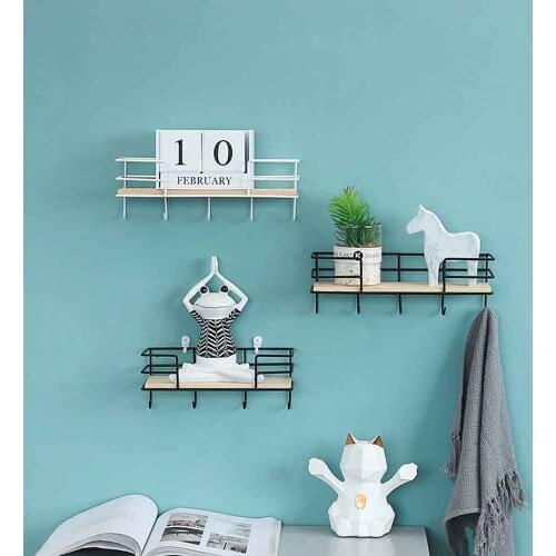 Creative Nordic Iron Storage Rack Wooden Wall Mounted Sundries Shelf Organization for Kitchen Bedroom Home Decor with Hook