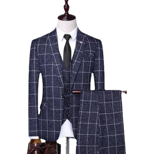 Jackets+Vest+Pants) Men plaid business Blazers/Male slim fit pure cotton three-piece suit/Man plaid groom dress Tuxedo S-4XL