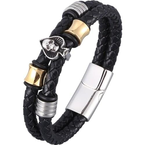 Trendy Black Double Braided Leather Rope Chain Spades Skull Bracelet Men Stainless Steel Male Bangles Wrist Jewelry Gift PD0936