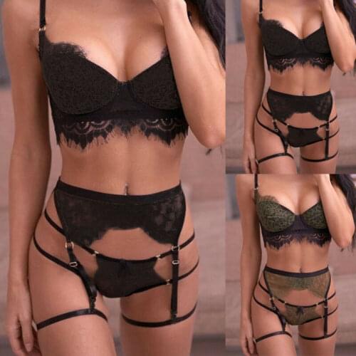 2020 New Womens Sexy Lingerie Nightwear Floral Lace Padded Bra 3pcs/set Garter Belt Brief Sets Sleepwear Babydoll Underwear