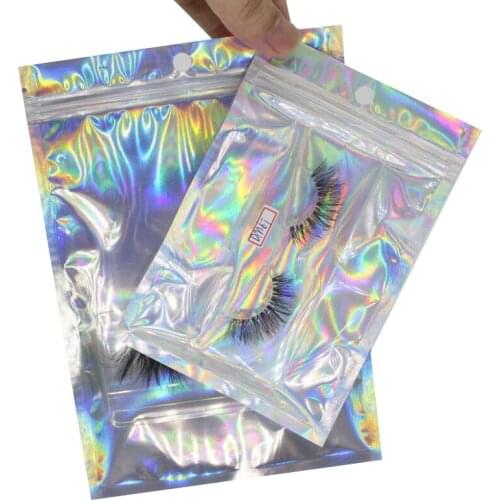 Wholesale Lashes Packaging Boxes Idea Holographic Laser Zip Lock Party Bag Eyelashes Lash Package Box ，No eyelashes