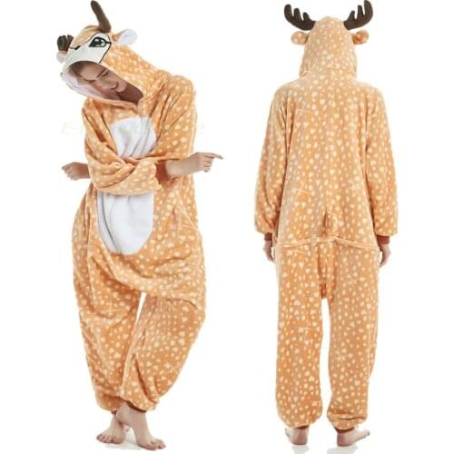 Cartoon Deer Kigurumi Pajama Sets for Adult Women Sleepwear Winter Flannel Warm Hooded Jumpsuit for Family Kids Cosplay Costume