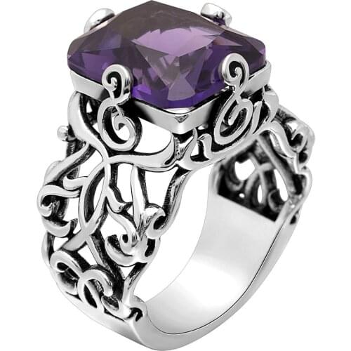 Luxury Purple Zircon crystal White Gold Flower Ring for Woman Square CZ Stone Wedding Fashion Engagement Jewelry Rometic Gift