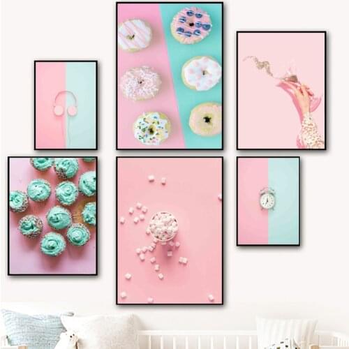 Pink Macaron Donut Dessert Sugar Headset Wall Art Canvas Painting Nordic Posters And Prints Wall Pictures For Living Room Decor