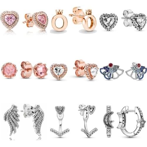 Original 925 Sterling Silver Elevated Heart Polished Crown O Signature Moon Stars Earring With Crystal For Women Pandora Jewelry