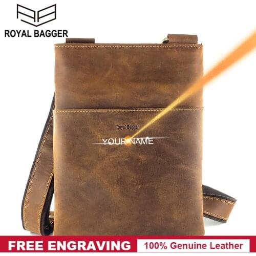 Royal Bagger Shoulder Bags for Men Crazy Horse Leather Man Messenger Bag Genuine Leather Male Sport Casual Crossbody Sling Bag