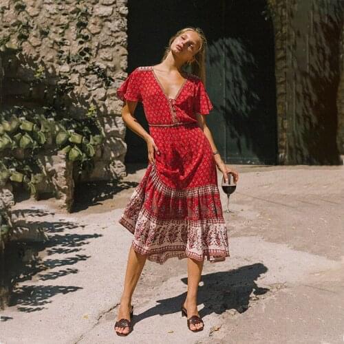 Super Chic Floral Boho Dress V-Neck Tassel Tied Short Sleeve Women Vacation Dress Ruffled Tiered Summer Casual Dresses DS143