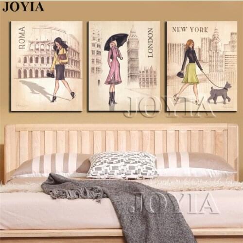 Triptych Canvas Art Print Painting ROMA London Travel Girl Cartoon For Girls Room Decor Wall Pictures Drawing Boards Not Framed
