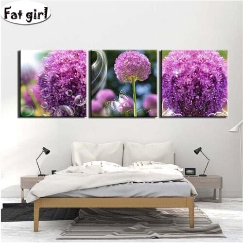 Triptych diy Diamond Painting full square/round Purple hydrangea diamond embroidery butterfly 3 pieces Crystal patch mosaic kit