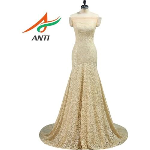 ANTI Champagne Mermaid Evening Dress Long Vintage Lace Evening Gowns Boat Neck Celebrity Dress Formal Wedding Party Abide HQY300