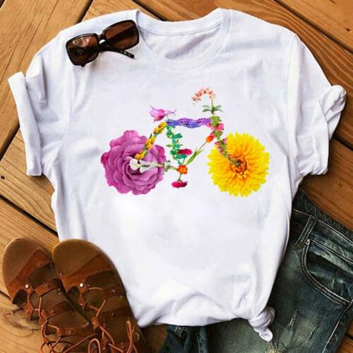 Bicycle flower womens t-shirt 2021 new casual womens top cute flower bicycle womens short-sleeved white womens t-shirt