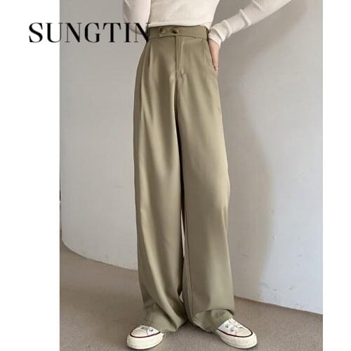 Sungtin Korea Office Lady Blazer Pants Women Casual High Waist Wide Leg Pants Suit Loose Straight Trousers Chic OL Button Spring