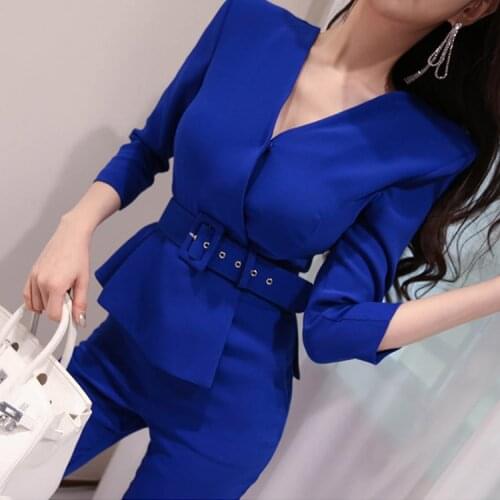 2019 Autumn Fashion Women Jumpsuit V-neck Long Sleeve Belted Peplum Jumpsuit Women Long Rompers Eegant Office Lady Overalls