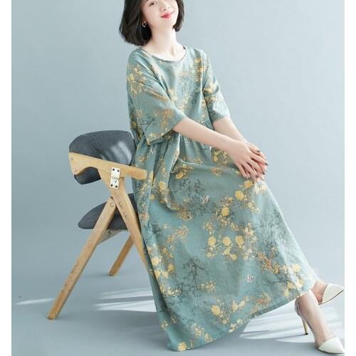 Thin Soft Cotton Linen Loose Summer Dress Plus Size 5XL 6XL Print Floral Holiday Travel Casual Dress Women Long Maxi Dress